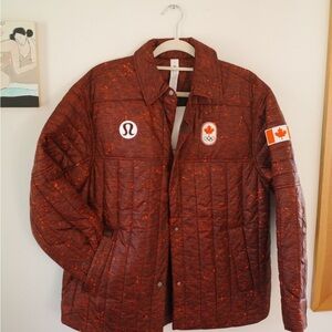 lululemon Olympic woman’s Speckled Rust Red Puffer Jacket with Canadian Patches